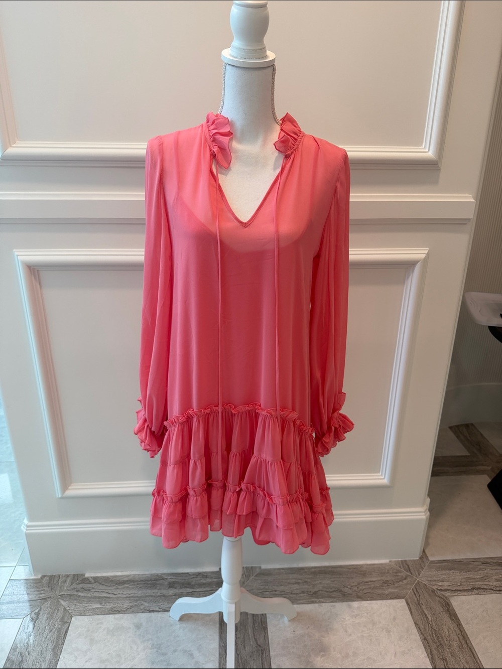 Coral Ruffle V-Neck Tunic Dress